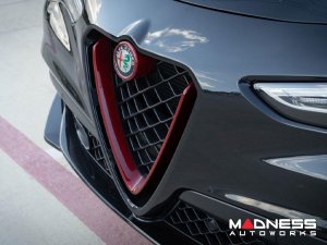 Alfa Romeo Stelvio Front V Shield Grill Frame + Emblem Frame Kit - Carbon Fiber - Red Candy - QV Model